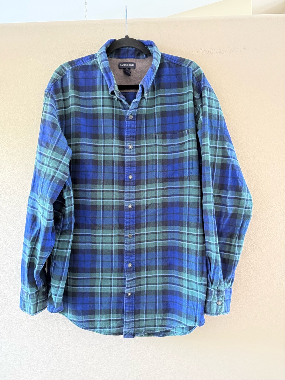 Lands' End Men’s Blue & Green Plaid Cotton Button-Up Shirt Tall